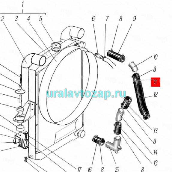 4320Я5-1303030 Патрубок радиатора Урал верхний (двиг. ЯМЗ-536, 50х61, L=360 мм) (резина) 2